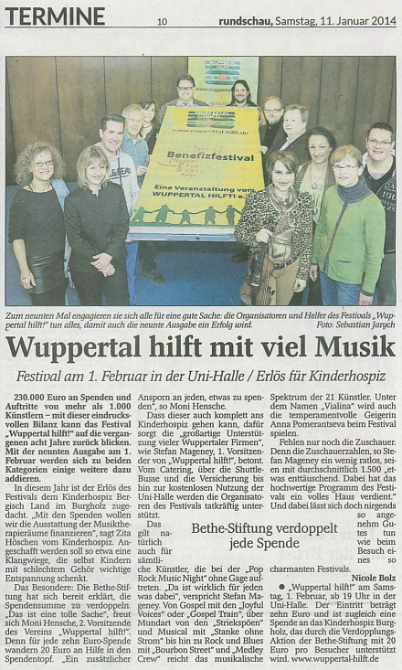 Quelle: Wuppertaler-Rundschau (WR, Ausgabe vom 11.01.2014) - Wuppertal hilft!